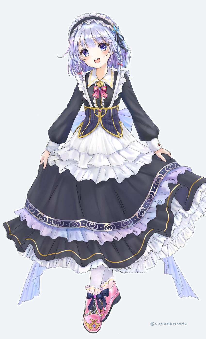 1girl :d absurdres black_dress black_hairband center_frills collared_dress commentary_request dress frilled_hairband frills full_body grey_background grey_pantyhose hairband highres long_sleeves looking_at_viewer maid open_mouth pantyhose pink_footwear puffy_long_sleeves puffy_sleeves shironeko_project shoes simple_background skirt_hold smile solo sunameri_(pixiv3564245) tina_topia twitter_username