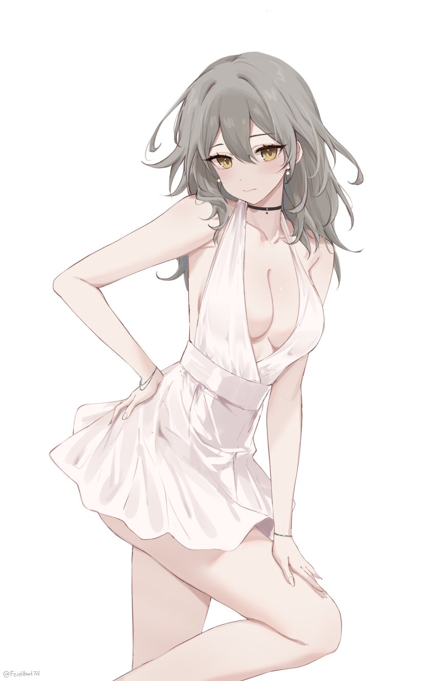 1girl absurdres alternate_costume bare_arms bare_legs bare_shoulders black_choker breasts choker cleavage commentary dress earrings feint721 grey_hair hand_on_own_hip highres honkai:_star_rail honkai_(series) jewelry long_hair looking_at_viewer medium_breasts short_dress simple_background solo standing stelle_(honkai:_star_rail) thighs trailblazer_(honkai:_star_rail) white_background white_dress yellow_eyes