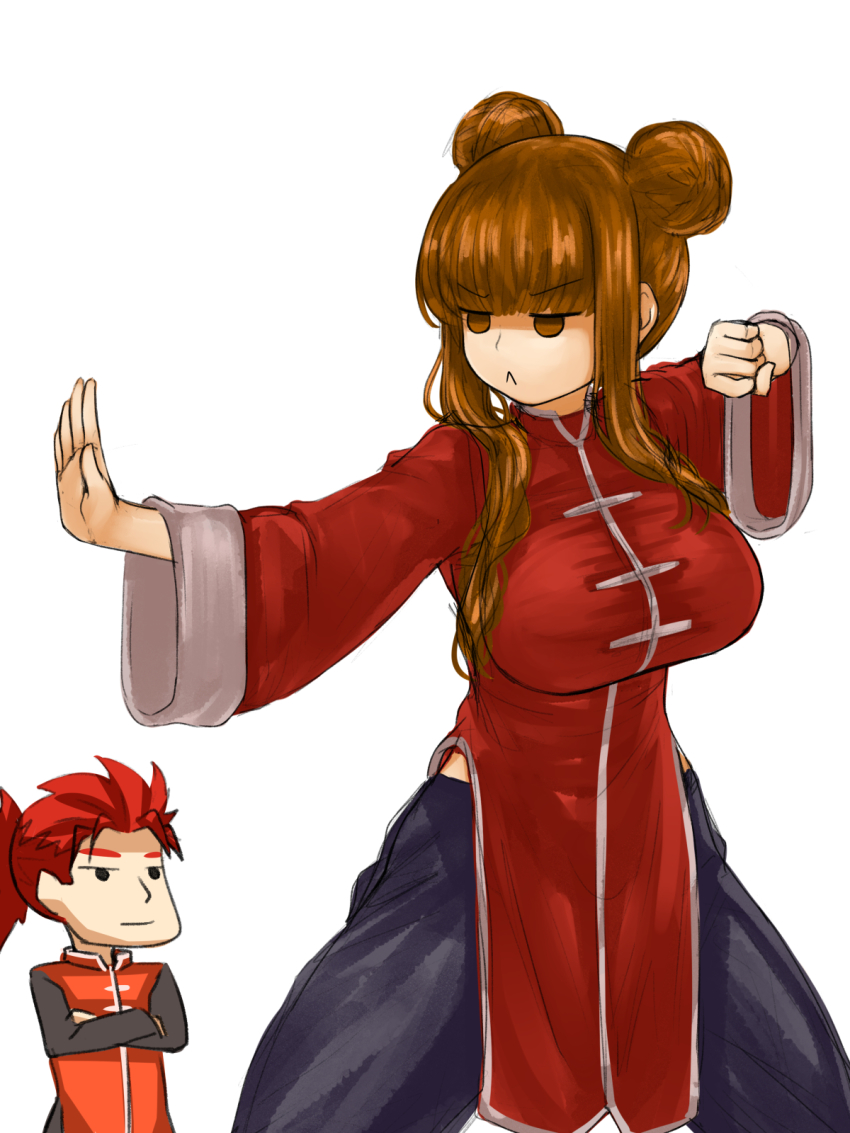 1boy 1girl black_pants breasts brown_hair chibi chibi_inset china_dress chinese_clothes dress empty_eyes fate/extra fate_(series) hair_bun highres kishinami_hakuno_(female) large_breasts li_shuwen_(fate) long_hair long_sleeves martial_arts pants ponytail red_dress red_hair red_shirt shirt single_hair_bun smile steamingtofu white_background