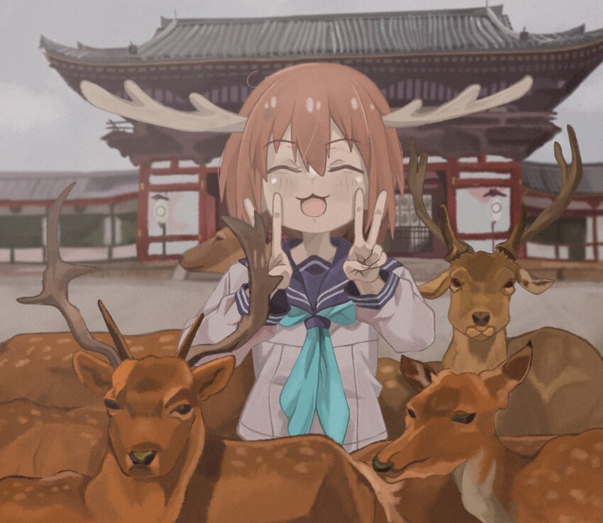 1girl animal antlers aqua_neckerchief architecture blue_sailor_collar blush brown_hair closed_eyes deer deer_antlers deer_girl double_v east_asian_architecture facing_viewer hands_up highres horns long_sleeves naaga_sonomono neckerchief open_mouth outdoors sailor_collar school_uniform shikanoko_noko shikanoko_nokonoko_koshitantan shirt short_hair smile solo straight-on upper_body v white_shirt