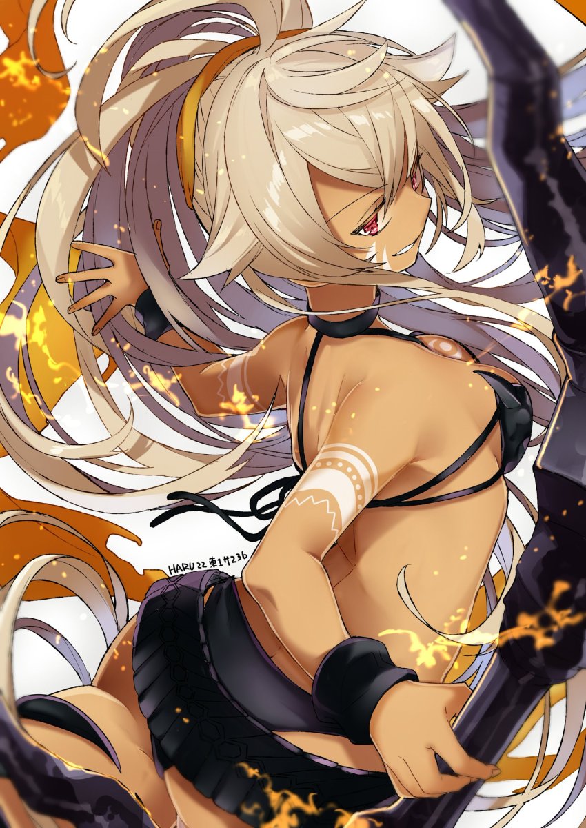 10s 1girl artist_name ass belt black_panties bow bow_(weapon) breasts dated female_focus floating_hair from_side grey_hair grin highres holding holding_bow_(weapon) holding_weapon long_hair looking_at_viewer looking_back medium_breasts merc_storia midriff outstretched_hand panties parted_lips ponytail red_eyes revealing_clothes sakyura_(merc_storia) sideboob signature smile sogawa66 solo underwear very_long_hair weapon wristband