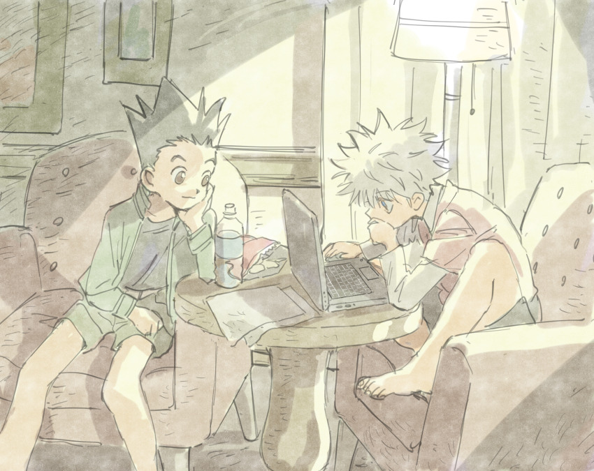 2boys armchair bare_legs barefoot black_hair black_shirt blue_eyes bottle brown_eyes chair closed_mouth computer curtains elbow_rest feet_out_of_frame floor_lamp gon_freecss green_shorts hand_on_lap hand_on_own_chin highres hunter_x_hunter indoors jacket killua_zoldyck knee_up lamp lampshade laptop layered_sleeves leaning leaning_forward long_sleeves looking_at_object male_focus mito_tomiko multiple_boys muted_color open_clothes open_jacket paper red_shirt shade shirt short_over_long_sleeves short_sleeves shorts sitting spiked_hair table unkempt watercolor_effect white_hair white_shirt