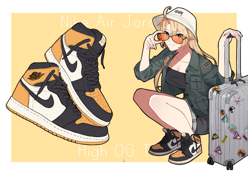 1girl absurdres adjusting_eyewear ahoge air_jordan black_camisole blonde_hair blue_eyes border breasts bucket_hat camisole casual cleavage closed_mouth collarbone commentary_request footwear_focus full_body green_jacket grey_shorts hat highres holding jacket jouhou kohagura_ellen large_breasts long_hair long_sleeves looking_at_viewer nike_(company) open_clothes open_jacket orange-tinted_eyewear orange_background outside_border rolling_suitcase shirt shoes shorts simple_background smile sneakers solo squatting sticker suitcase tinted_eyewear toji_no_miko white_border white_hat