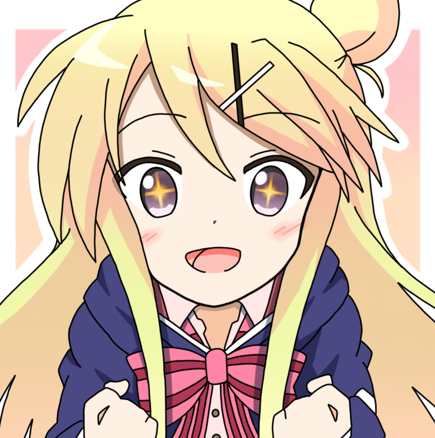 +_+ 1girl blonde_hair blush bow dot_nose facing_viewer feet_out_of_frame female_focus hair_ornament hairclip highres kin-iro_mosaic kujou_karen long_sleeves looking_at_viewer open_mouth skyiluca solo standing