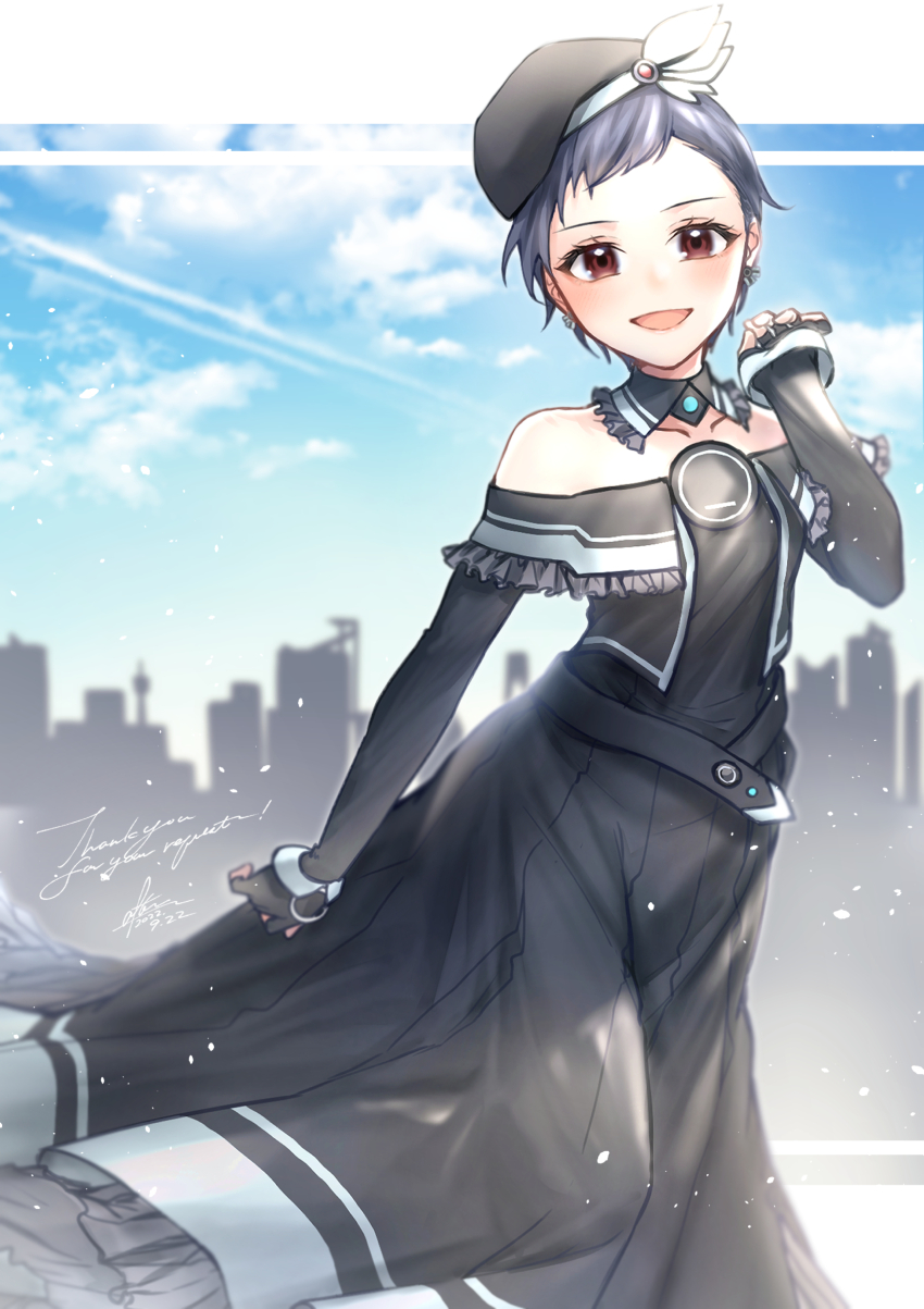 1girl :d after0217 alternate_hair_length alternate_hairstyle black_dress black_gloves black_hat blue_sky brown_eyes commission dated detached_collar dress earrings fingerless_gloves gloves grey_hair hat highres jewelry long_skirt neptune_(series) off-shoulder_dress off_shoulder open_mouth pixiv_commission short_hair skirt sky skyline smile solo standing thank_you uni_(neptunia) very_short_hair