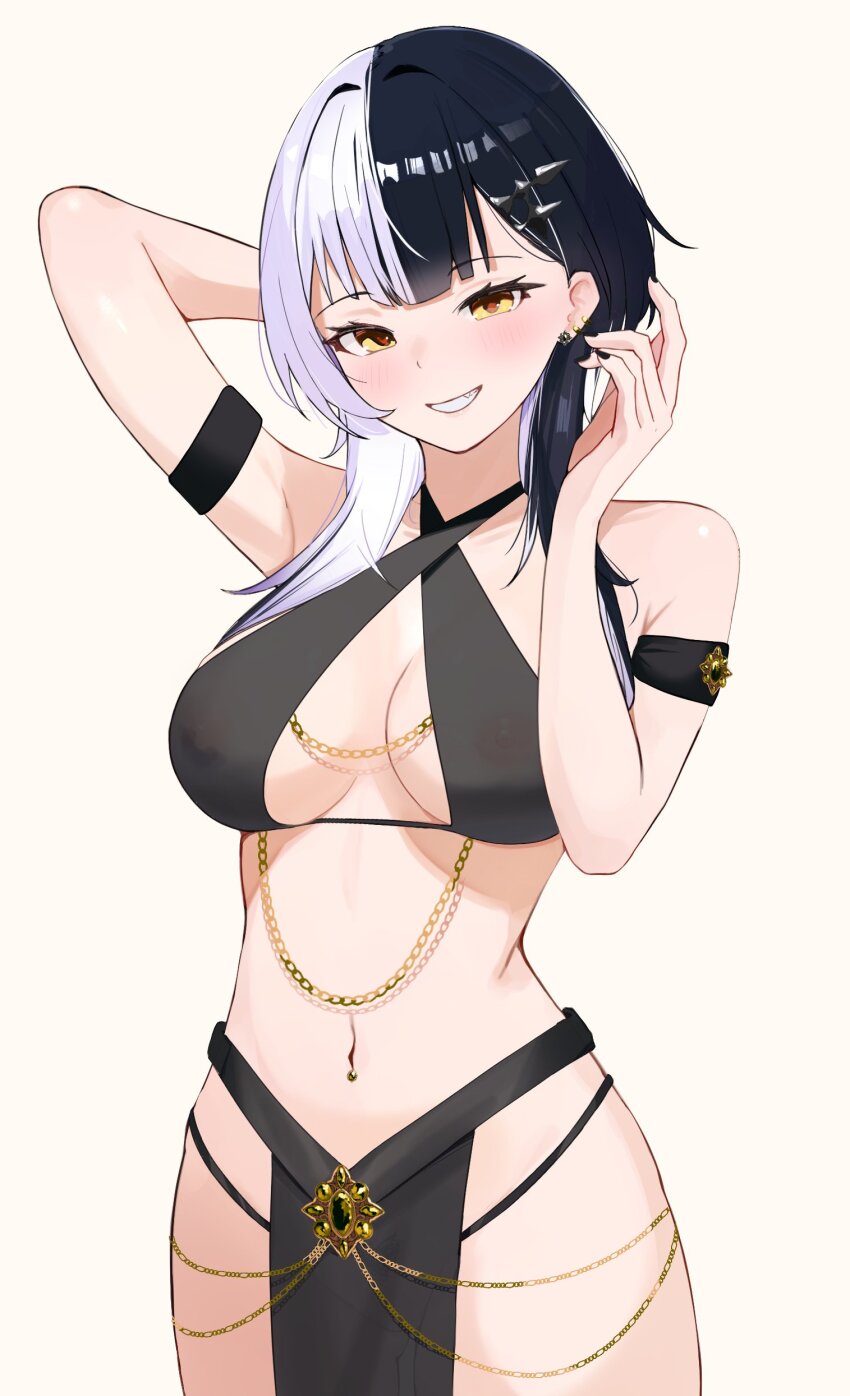 1girl absurdres arm_strap arm_up black_bra black_hair black_loincloth black_nails blush bra breasts cleavage clothing_request earrings fang hair_ornament hairclip hand_up highres hololive hololive_english jewelry ku_roiko large_breasts long_hair looking_at_viewer multicolored_hair multiple_earrings nail_polish parted_lips pelvic_curtain shiori_novella simple_background smile solo split-color_hair two-tone_hair underwear virtual_youtuber white_background white_hair yellow_eyes