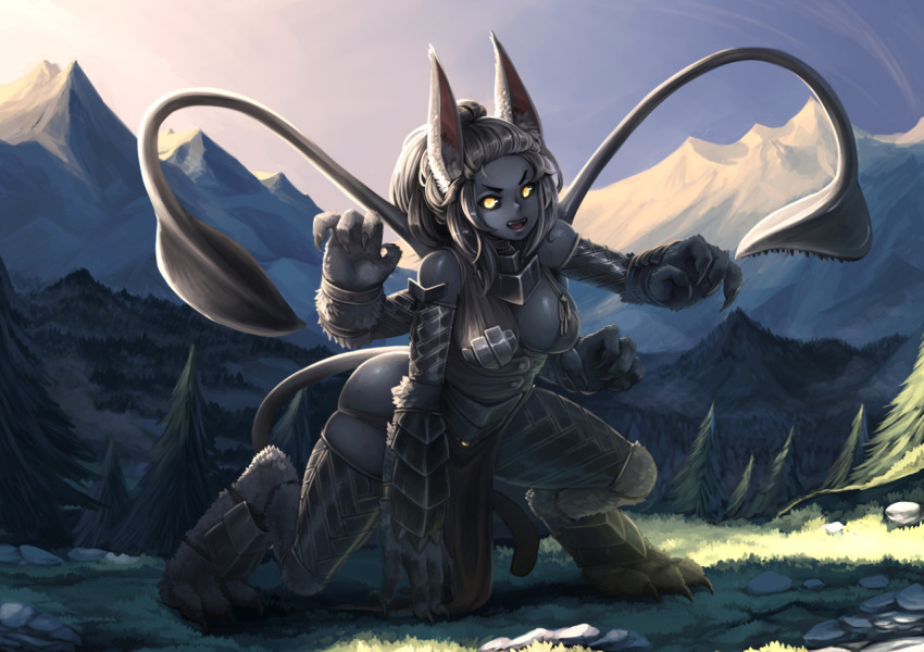 1girl animal_ears barbariank black_hair black_skin claws colored_skin displacer_beast dungeons_&amp;_dragons extra_arms female_focus monster_girl personification solo tail tentacles yellow_eyes