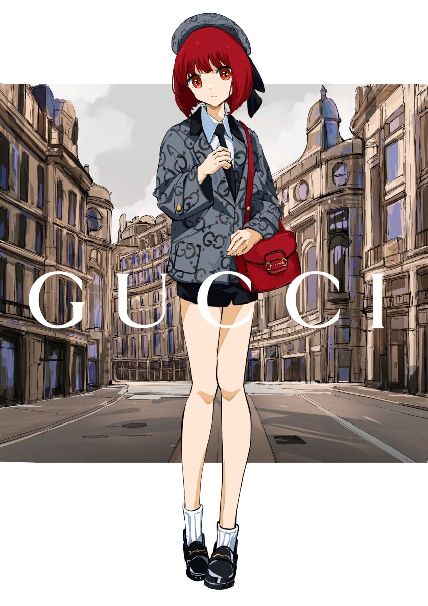 1girl arima_kana bag black_footwear black_necktie black_skirt bob_cut fashion full_body gucci hat hat_ribbon highres inverted_bob kneehighs necktie oshi_no_ko red_bag red_eyes red_hair ribbon road short_hair skirt socks street t.k.c town vest white_socks