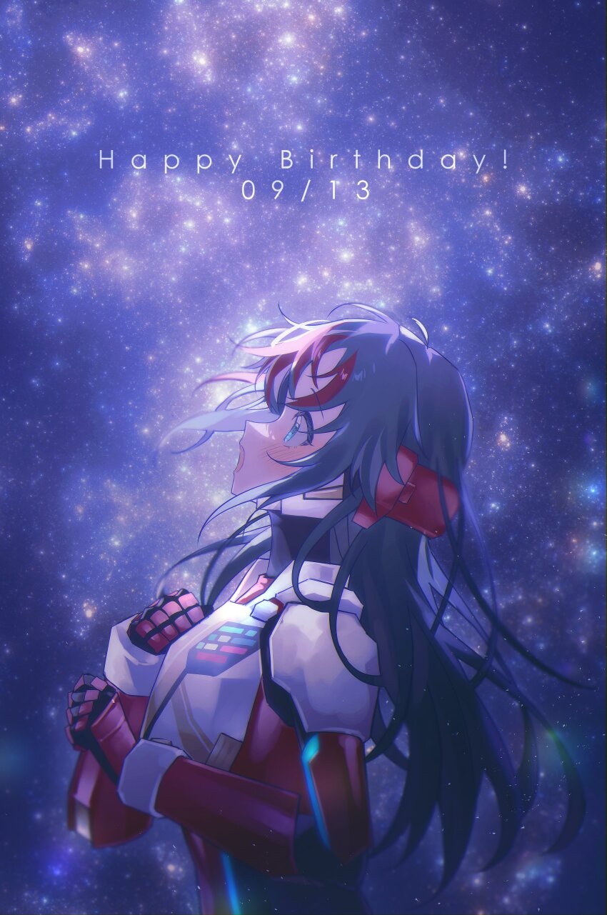 1girl absurdres armor birthday black_hair blue_eyes blush breastplate colored_tips commentary_request dated english_text eyelashes from_side fxtsr gauntlets hand_on_own_chest hand_up happy_birthday highres idol idol_clothes idolmaster idolmaster_cinderella_girls idolmaster_cinderella_girls_starlight_stage long_hair multicolored_hair nanjo_hikaru night night_sky official_alternate_costume official_alternate_hair_color open_mouth outdoors pauldrons red_hair shoulder_armor sky solo standing star_(sky) straight_hair tokusatsu upper_body white_hair