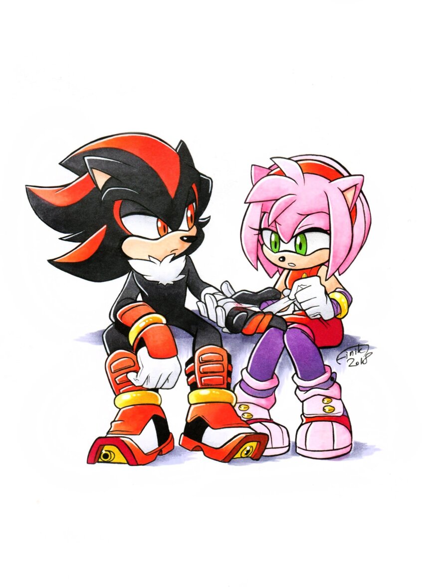 1boy amy_rose applying_bandages artist_name bandaged_hand bandages dated dress finik furry furry_female furry_male gloves green_eyes highres pantyhose purple_pantyhose red_dress red_eyes shadow shadow_the_hedgehog shoes signature simple_background sitting sonic_(series) sonic_boom_(series) watermark white_background white_gloves