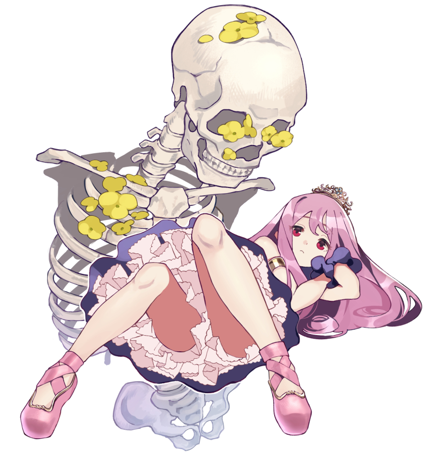 1girl armlet crown dress expressionless flower highres jewelry knees_up light_purple_hair long_hair looking_at_viewer original pink_footwear red_eyes shio_(s_alt_shio) skeleton solo yellow_flower