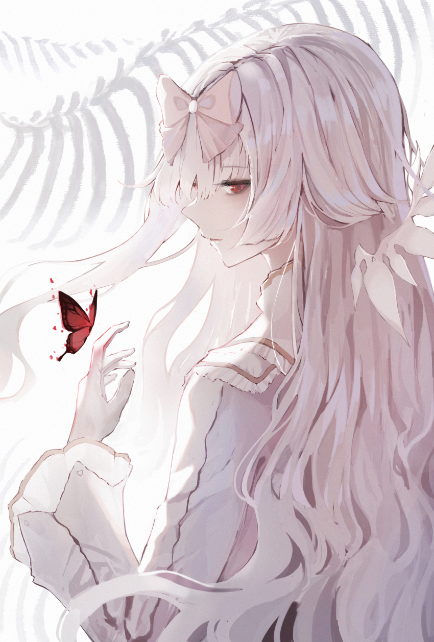 1girl absurdres arcaea bone bow bug butterfly dress flipped_hair flower gloves grey_hair highres hikari_(arcaea) hikari_(fatalis)_(arcaea) insect long_sleeves pink_bow pink_eyes pink_flower pink_hair pink_rose red_butterfly rose sidelocks solo ttea_arts01 white_dress white_gloves white_hair wide_sleeves