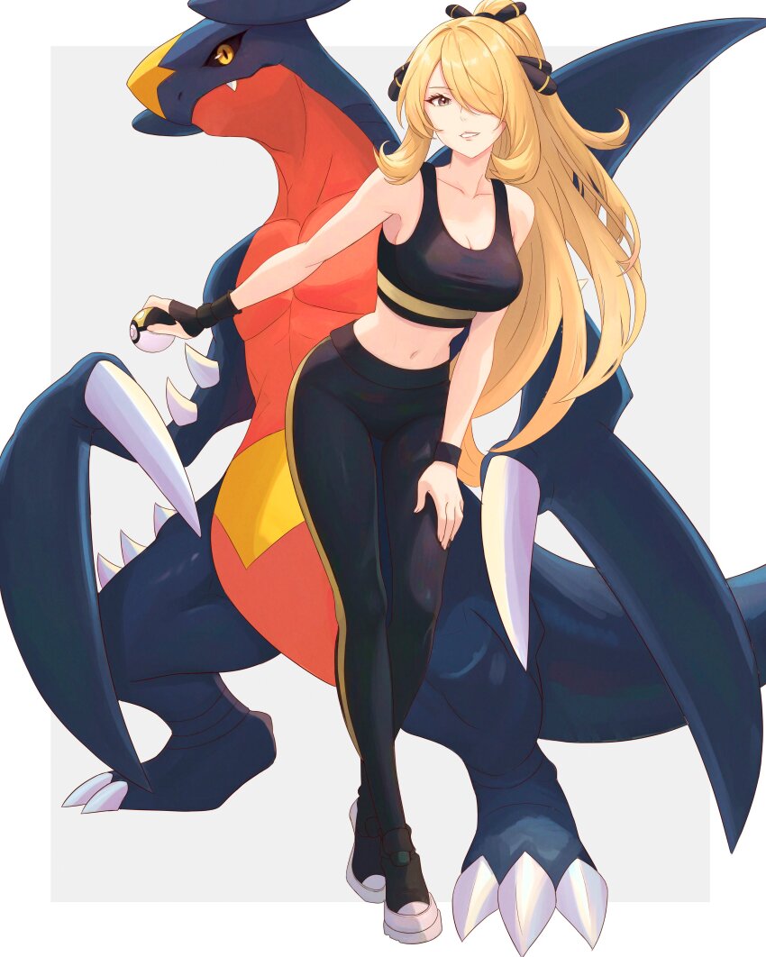 1girl absurdres bare_arms bare_shoulders black_pants blonde_hair breasts cleavage commentary creatures_(company) crop_top crossed_legs cynthia_(pokemon) game_freak garchomp gen_4_pokemon grey_eyes grin highres holding holding_poke_ball leggings long_hair looking_at_viewer medium_breasts midriff navel nintendo pants poke_ball pokemon pokemon_(creature) pokemon_dppt revision smile sports_bra standing stomach truejekart ultra_ball very_long_hair watson_cross wristband