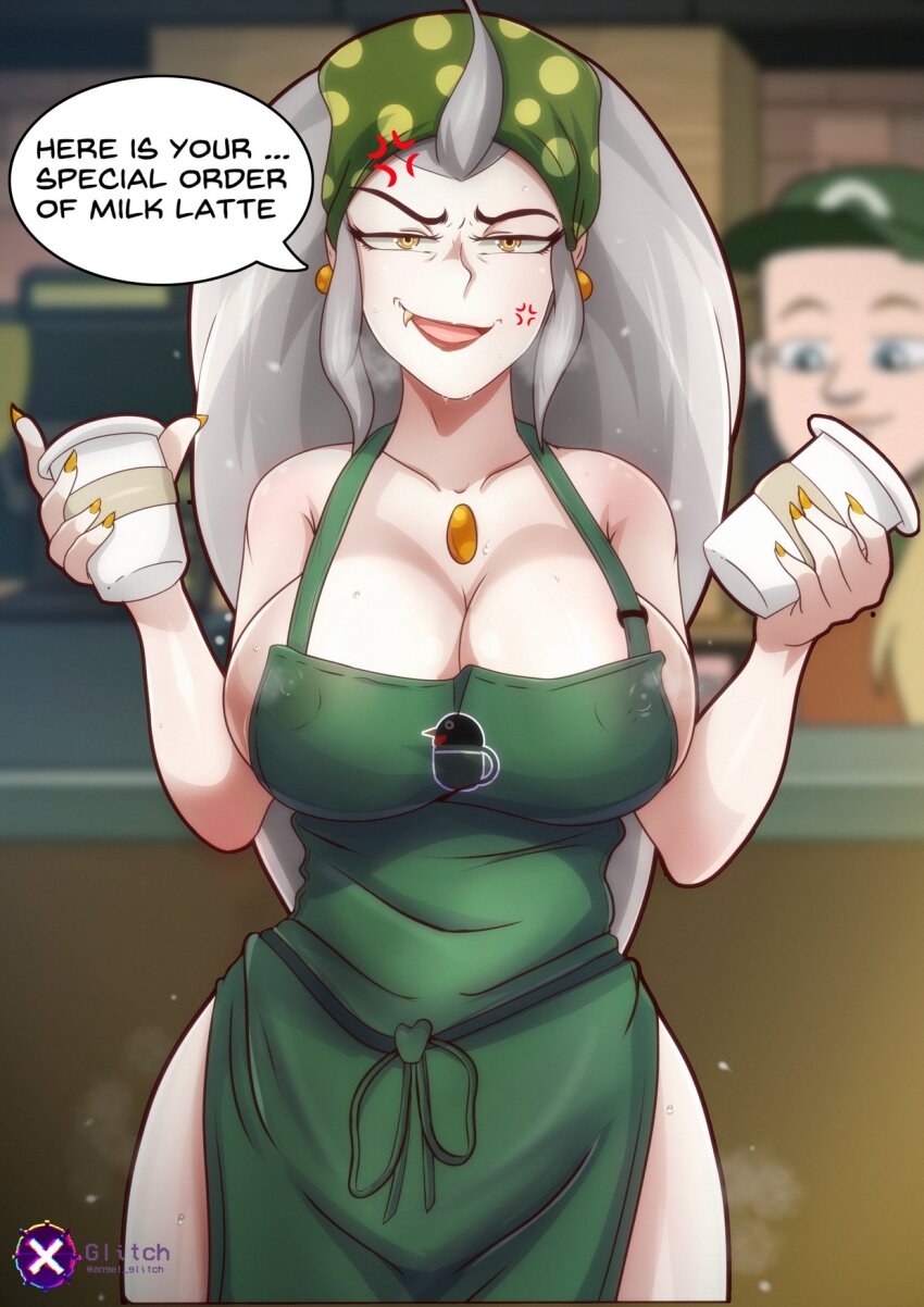 2girls angel_glitch apron artist_name bandana blonde_hair blue_eyes breasts chest_jewel cleavage commentary covered_erect_nipples cup disposable_coffee_cup disposable_cup earrings edalyn_clawthorne english_commentary english_text fang fingernails green_apron green_bandana grey_hair highres holding holding_cup iced_latte_with_breast_milk_(meme) jewelry long_hair mature_female meme multiple_girls naked_apron pointy_ears sharp_fingernails solo_focus steaming_body the_owl_house very_long_hair wrinkled_skin yellow_eyes yellow_nails