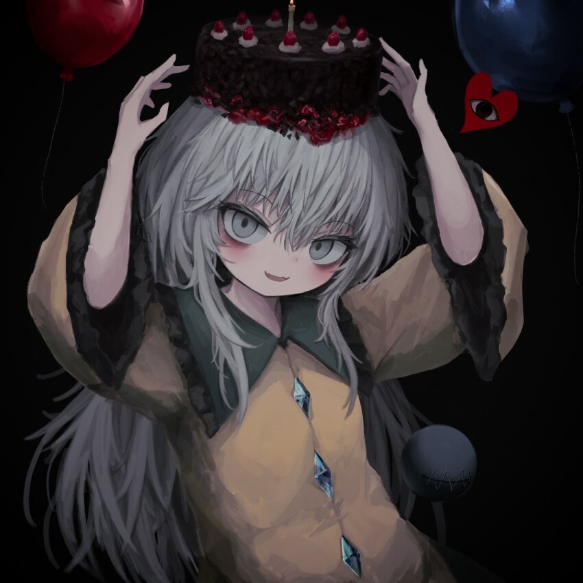 1girl birthday_cake blush buttons cake candle diamond_button eyeball food frilled_sleeves frills green_eyes green_hair heart highres komeiji_koishi long_hair looking_at_viewer meme open_mouth portal_(series) reverinth shirt skirt smile solo the_cake_is_a_lie_(meme) third_eye touhou wide_sleeves yellow_shirt