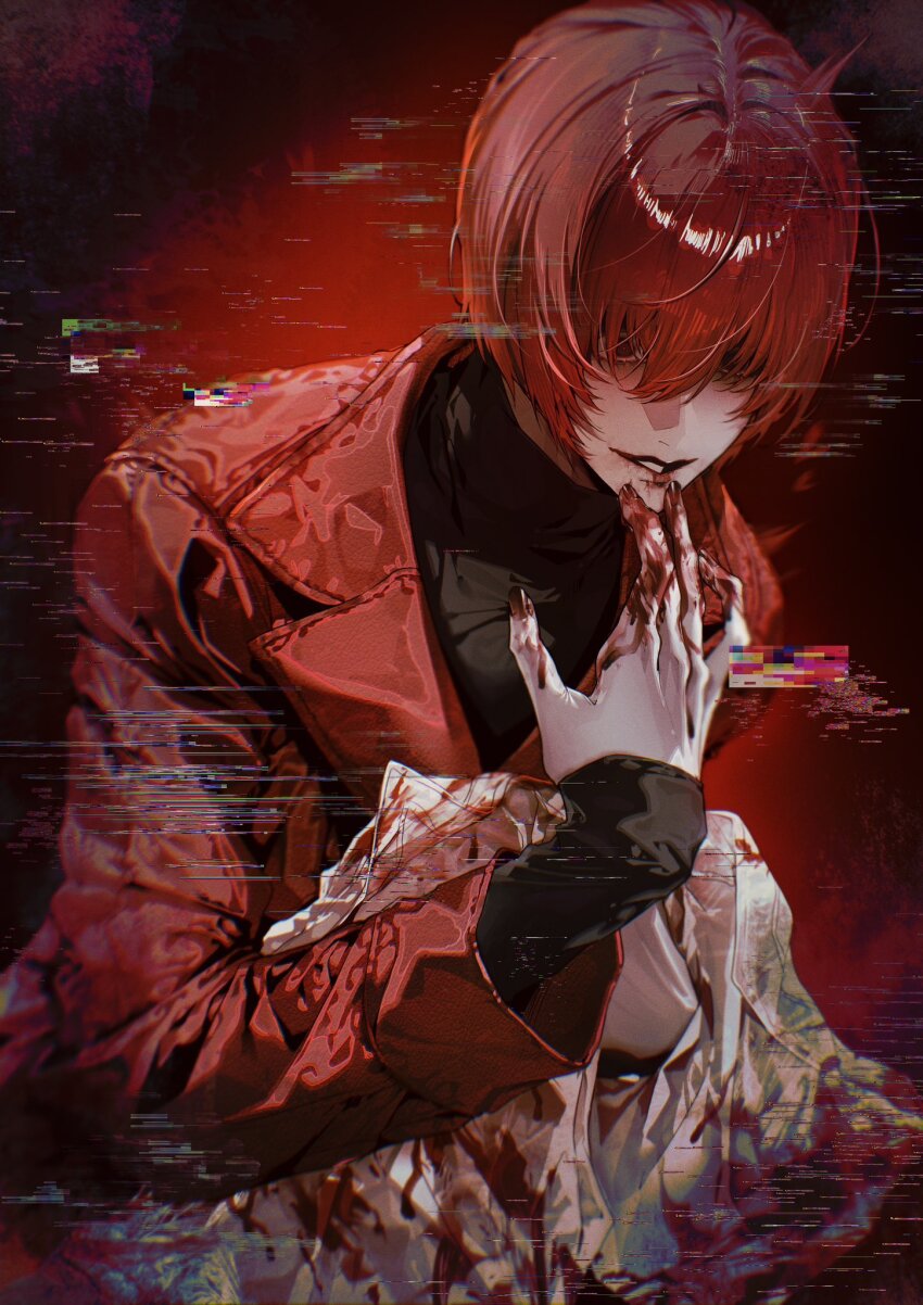 1boy blood blood_on_clothes blood_on_hands blush coat commentary cuso4_suiwabutu english_commentary glitch highres holding holding_unworn_clothes homicipher male_focus mr._scarletella raincoat red_background red_coat red_eyes red_hair short_hair solo