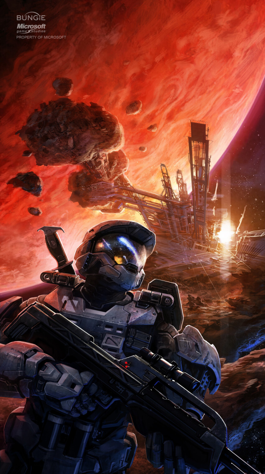 1boy armor assault_visor asteroid battle_rifle br55 bullpup copyright_notice cover grey_armor gun halo_(series) helmet highres holding holding_gun holding_weapon isaac_hannaford jai-006 knife lens_flare official_art planet power_armor rifle scope solo space space_station spartan_(halo) weapon