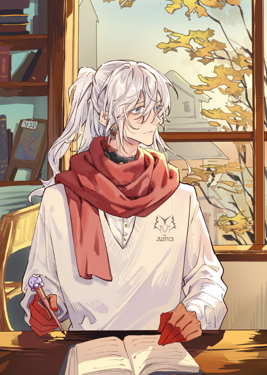 1boy bishounen blue_eyes book chuan04826 earrings fulgur_ovid gloves highres indoors jewelry long_hair looking_to_the_side male_focus nijisanji nijisanji_en pen ponytail red_gloves red_scarf scarf sitting smile solo sweater virtual_youtuber white_hair window