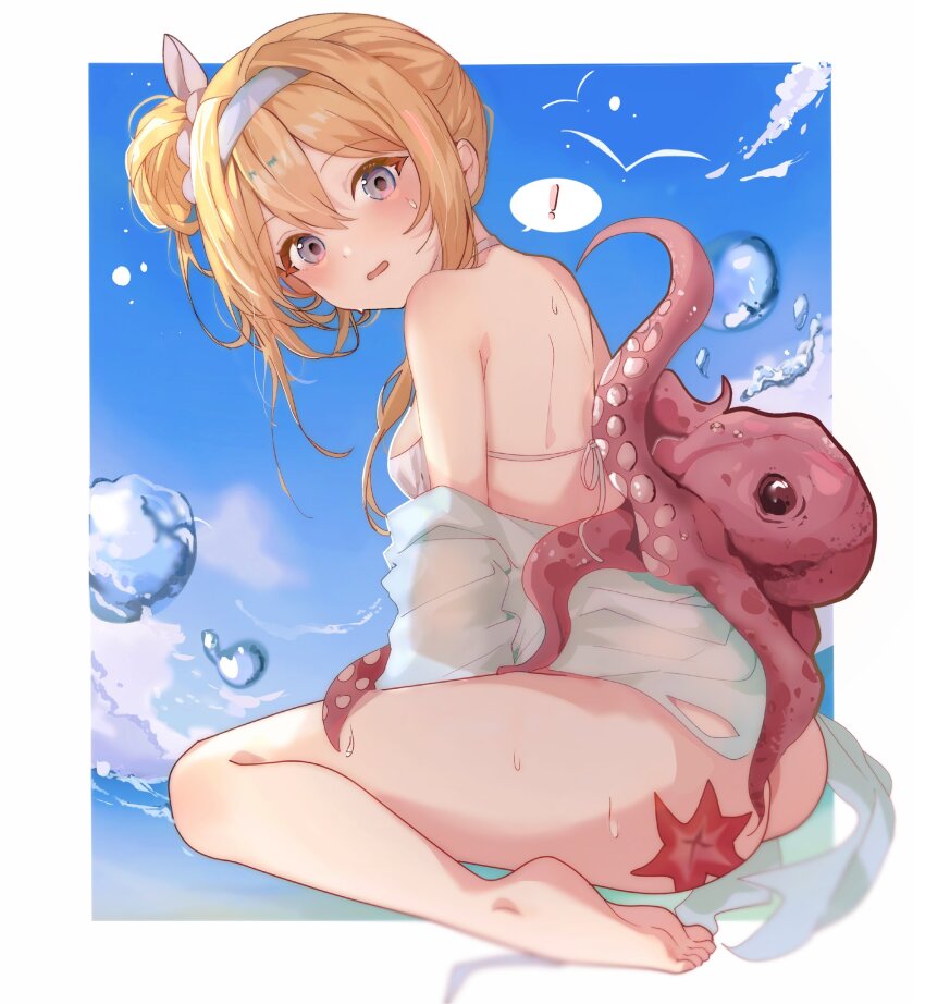 ! 1girl ass barefoot bikini blue_eyes blue_hairband blue_sky blush cloud feet full_body girls&#039;_frontline hair_bun hairband hashtag-only_commentary highres inset_border looking_at_viewer octopus official_alternate_costume official_alternate_hairstyle open_mouth single_hair_bun sitting sky soles speech_bubble spoken_exclamation_mark ssomi starfish suomi_(girls&#039;_frontline) suomi_(midsummer_pixie)_(girls&#039;_frontline) sweatdrop swimsuit toes water white_bikini