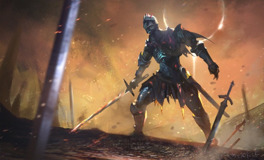 1other ambiguous_gender armor boots breastplate dark_souls_(series) dark_souls_iii eclipse field_of_blades full_armor gauntlets helmet holding holding_sword holding_weapon knight armored_boots miso_katsu orange_sky pauldrons planted planted_sword planted_weapon sheath shoulder_armor signature sky solo soul_of_cinder sword weapon