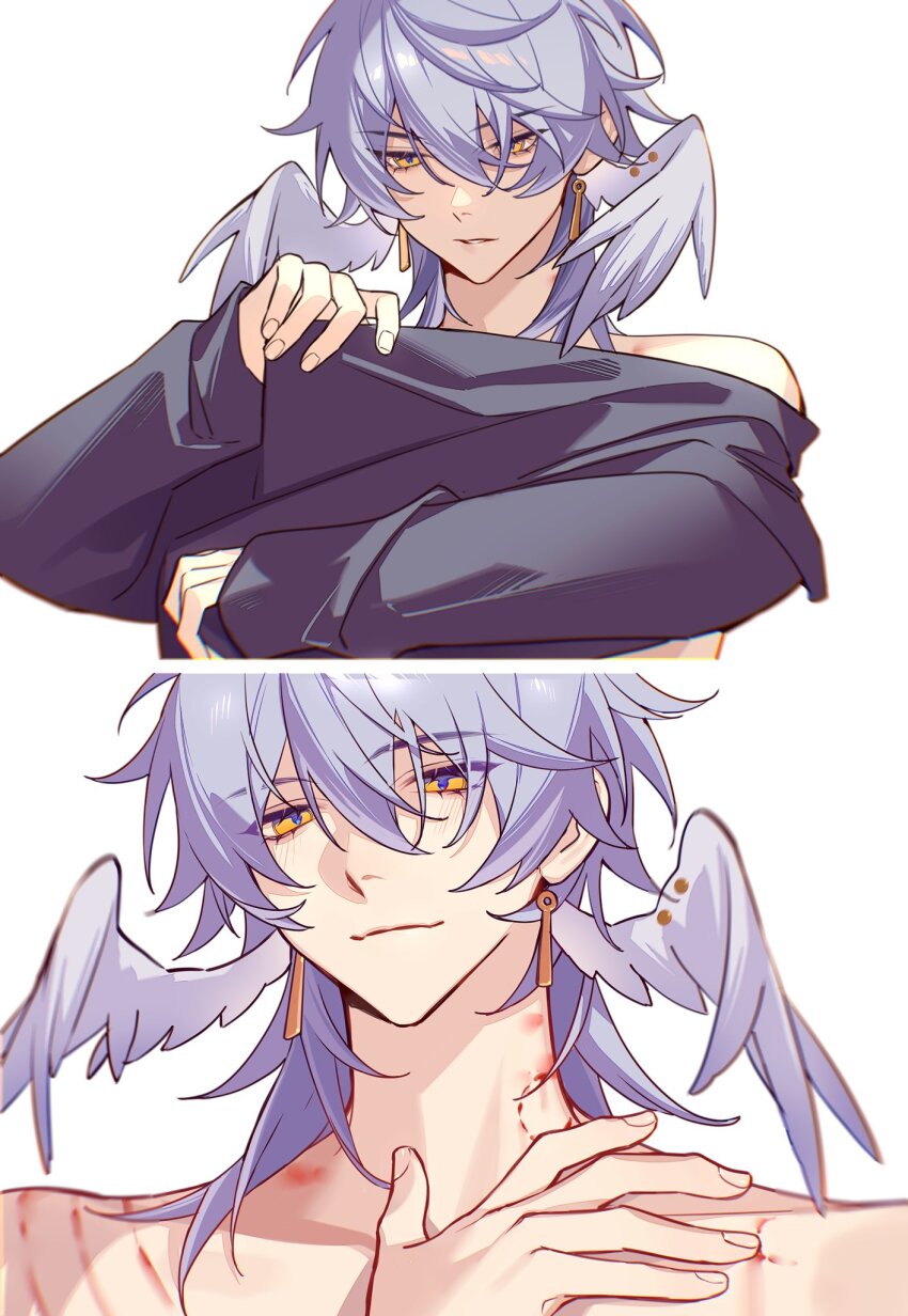 1boy bite_mark black_sweater blood blue_hair closed_mouth commentary cuts earrings english_commentary feathered_wings hair_between_eyes head_wings hickey highres honkai:_star_rail honkai_(series) injury jesse_(pixiv34586727) jewelry male_focus multiple_views orange_eyes parted_lips simple_background sunday_(honkai:_star_rail) sweater undressing upper_body white_background wing_ornament wings