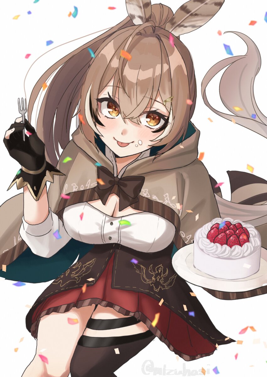 1girl absurdres ahoge brown_capelet brown_cloak brown_corset brown_eyes brown_hair cake capelet cleavage_cutout cloak clothing_cutout confetti corset crossed_bangs feather_hair_ornament feathers food food_on_face fork from_above gloves hair_between_eyes hair_ornament happy_birthday hieroglyphics highres holding holding_fork hololive hololive_english long_hair looking_at_viewer mizuhasi multicolored_hair nanashi_mumei nanashi_mumei_(1st_costume) partially_fingerless_gloves ponytail red_skirt ribbon shirt single_thighhigh sitting skirt strawberry_shortcake streaked_hair thigh_strap thighhighs tongue tongue_out very_long_hair virtual_youtuber white_shirt