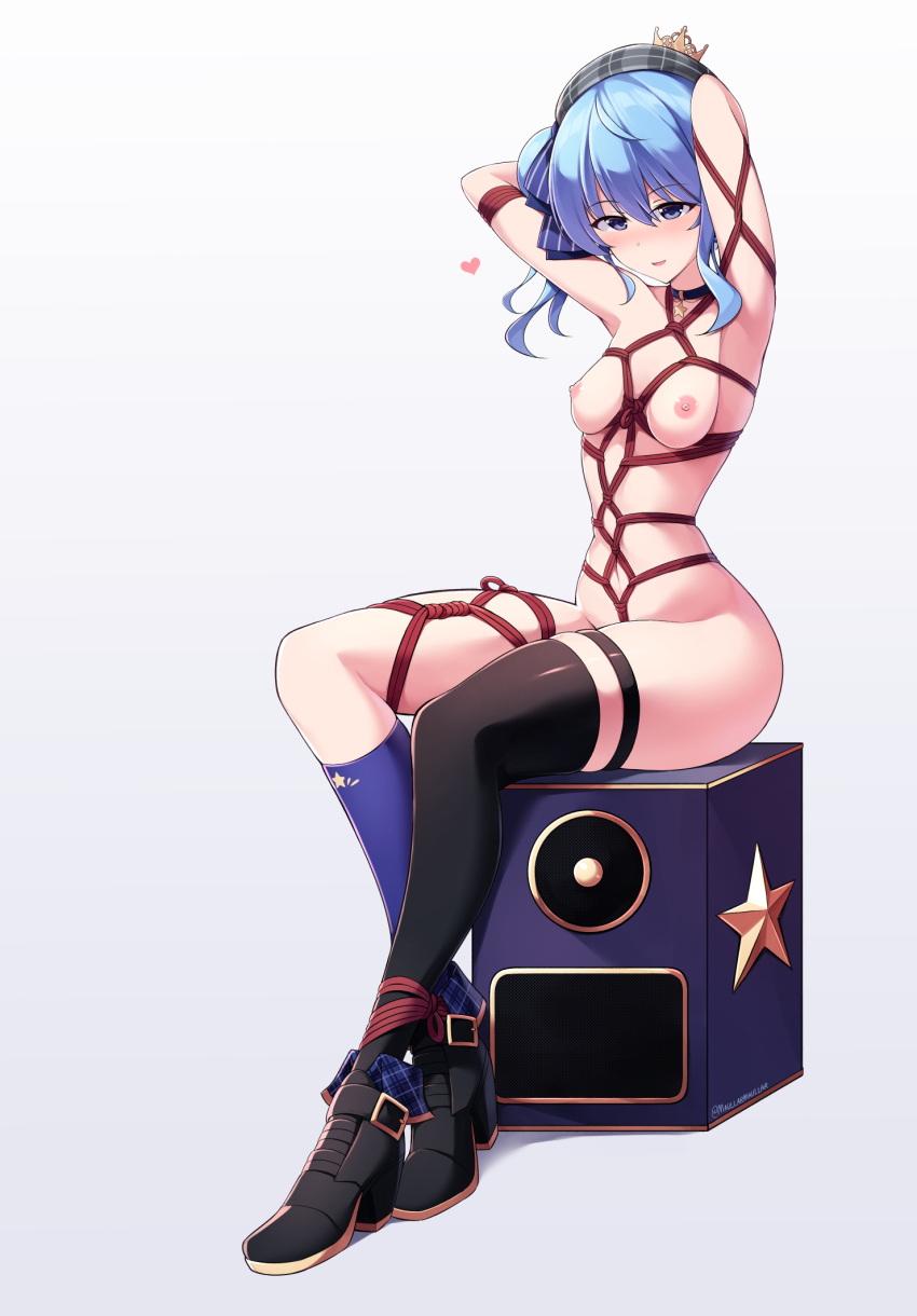 bdsm blue_eyes blue_hair bondage boots bound choker hair_ornament hat heart highres hololive hoshimachi_suisei maullarmaullar nipples red_rope rope shibari speaker star_(symbol) thighhighs virtual_youtuber