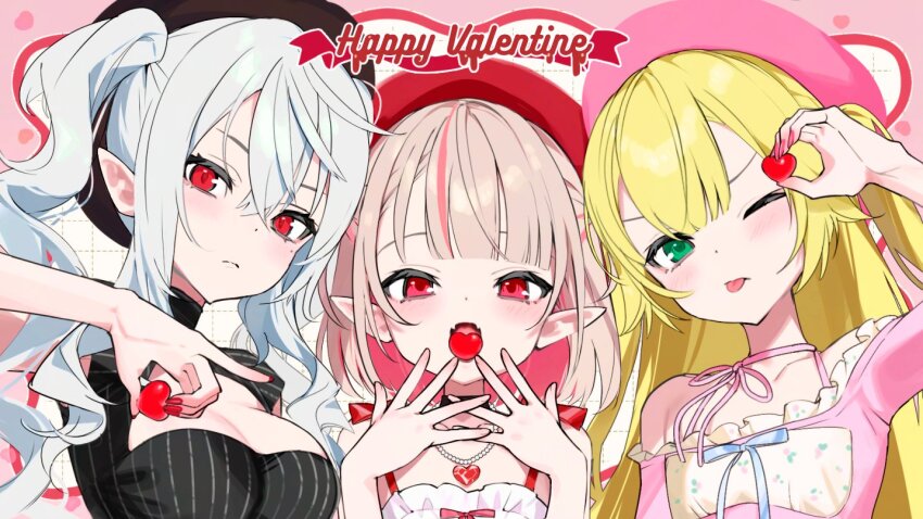 1boy 2girls beret black_choker black_dress blonde_hair brown_hair cherry choker closed_mouth colored_inner_hair crossdressing dress expressionless fangs food food_in_mouth fruit fuubuu genderswap genderswap_(mtf) green_eyes hair_between_eyes happy_valentine hat heart heart_necklace holding jewelry long_hair looking_at_viewer makaino_ririmu multicolored_hair multiple_girls nail_polish necklace nijisanji off-shoulder_dress off_shoulder one_eye_closed open_mouth pearl_necklace pink_dress pink_hair pink_nails pointy_ears red_eyes sanya_(kuzuha) short_hair short_sleeves sleeveless sleeveless_dress straight_hair streaked_hair tongue tongue_out twintails upper_body uzuki_kou virtual_youtuber wavy_hair white_dress white_hair