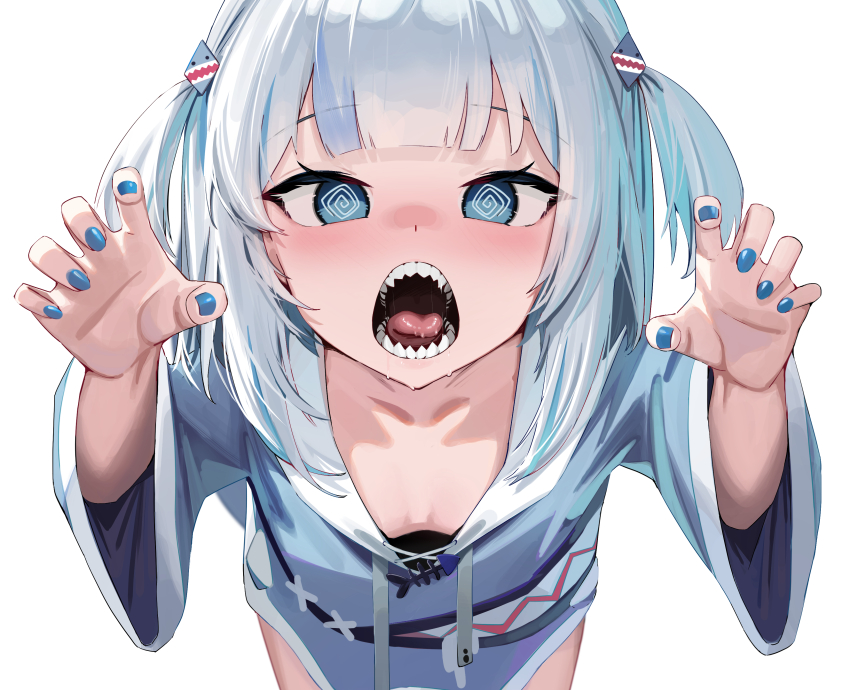 1girl @_@ absurdres animal_hood blue_eyes blue_hair blue_hoodie blue_nails blunt_bangs blush claw_pose gawr_gura grey_hair hair_ornament highres hololive hololive_english hood hoodie long_hair looking_at_viewer multicolored_hair open_mouth shark_hair_ornament shark_hood sharp_teeth skai_kun solo streaked_hair teeth virtual_youtuber white_background