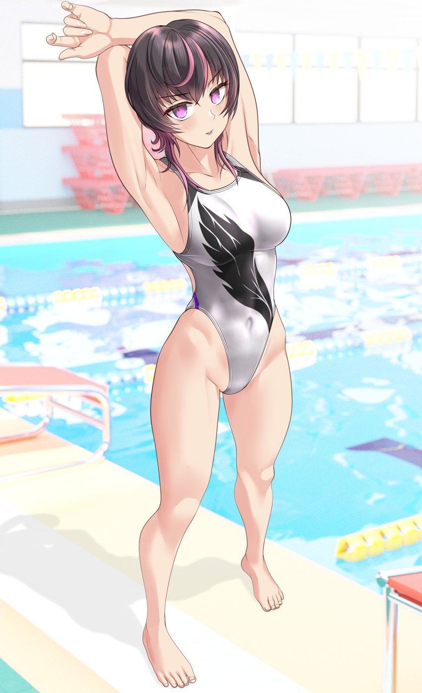 1girl absurdres arms_behind_head barefoot black_hair breasts commentary_request commission competition_swimsuit covered_navel full_body highleg highleg_one-piece_swimsuit highres large_breasts looking_at_viewer one-piece_swimsuit original pool poolside purple_eyes short_hair solo standing starting_block swimsuit takafumi variant_set white_one-piece_swimsuit wing_print