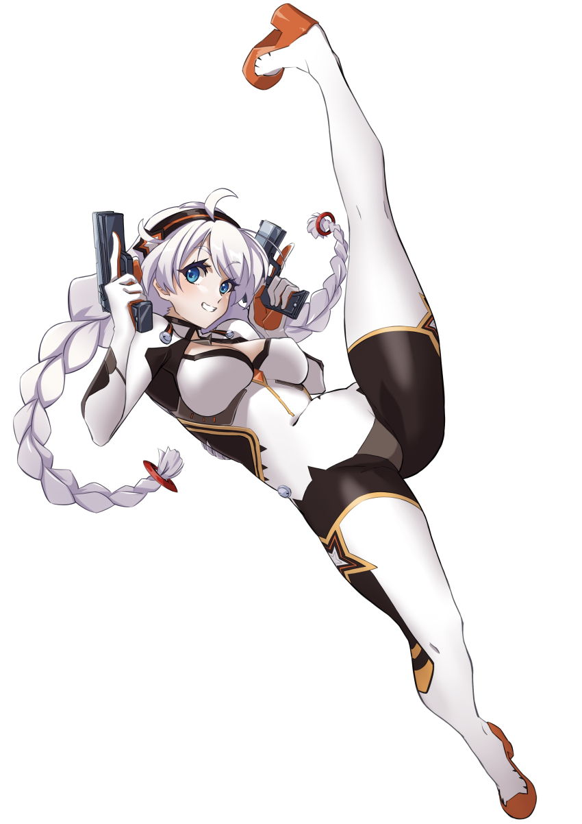 1girl :d absurdres ahoge blue_eyes bodysuit braid breasts cleavage cleavage_cutout clothing_cutout dual_wielding full_body grin gun handgun highres holding holding_gun holding_weapon honkai_(series) honkai_impact_3rd kiana_kaslana kiana_kaslana_(white_comet) long_hair looking_at_viewer open_mouth simple_background smile solo task_baron teeth trigger_discipline twin_braids very_long_hair weapon white_background white_bodysuit white_hair