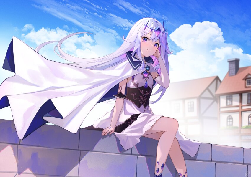 1girl cape circlet colored_inner_hair dress enigmatic_recollection gem grey_hair highres hololive hololive_english jewel_under_eye koseki_bijou long_hair looking_at_viewer multicolored_hair pink_hair purple_eyes purple_hair smile solo uoca virtual_youtuber