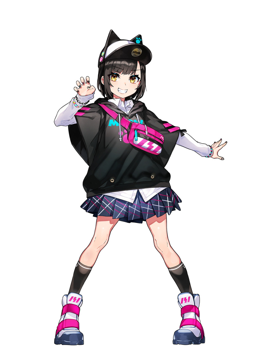 1girl animal_hat ankle_boots baseball_cap black_hair black_socks blue_skirt bob_cut boots cat_hat claw_pose closed_mouth collared_shirt denonbu fanny_pack full_body grin hat highres kurogane_tama layered_sleeves long_sleeves looking_at_viewer mika_pikazo miniskirt official_art pigeon-toed pleated_skirt shirt short_hair short_over_long_sleeves short_sleeves simple_background skirt smile socks solo tachi-e transparent_background white_shirt wing_collar yellow_eyes