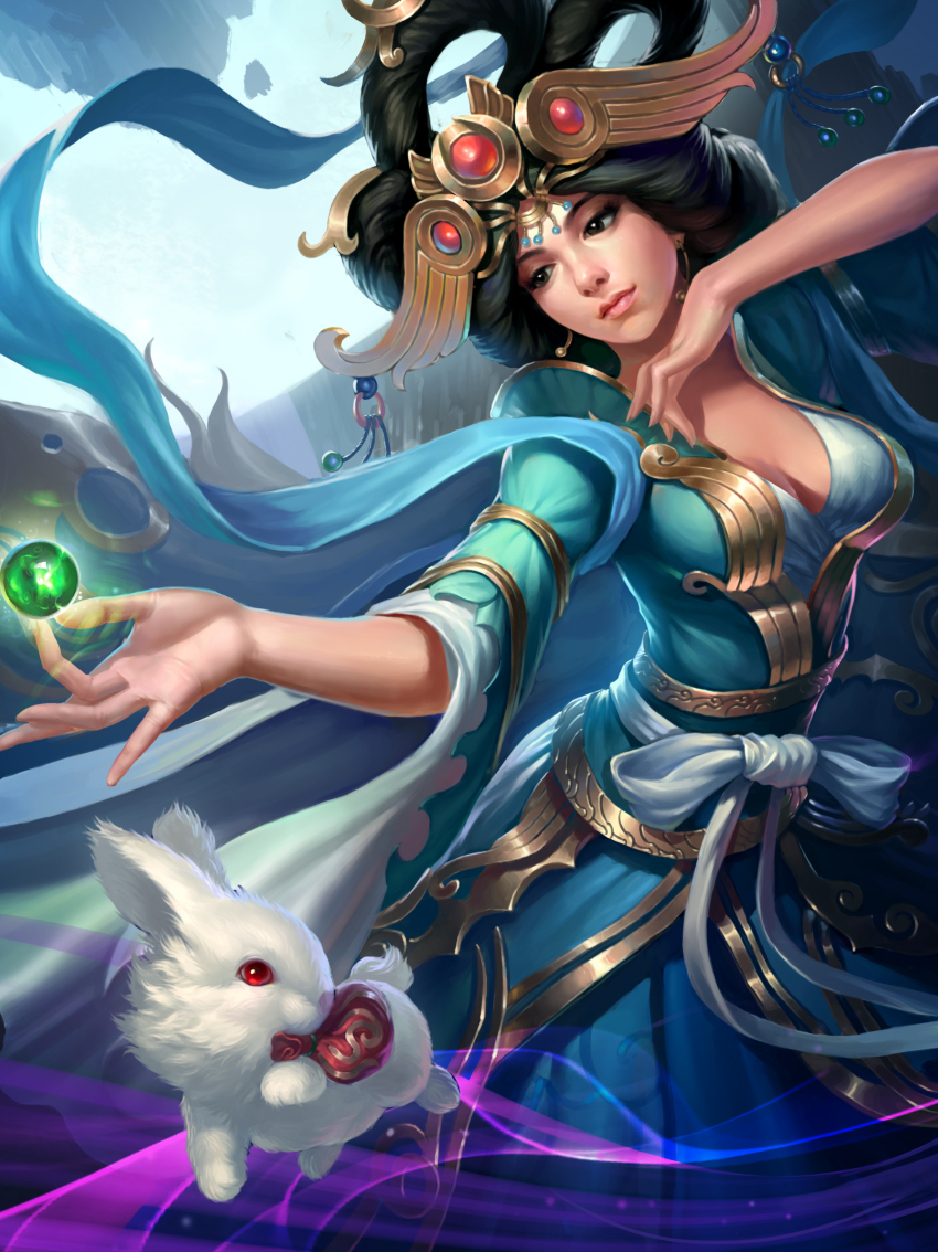 1girl absurdres artist_request black_hair breasts brown_eyes chang&#039;e_(smite) chinese_clothes closed_mouth crown dress highres magic rabbit smite solo