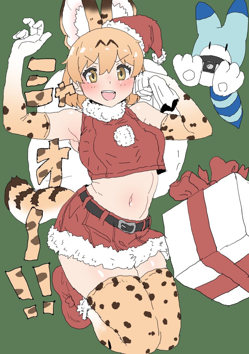 1girl alternate_costume animal_ears bag bare_shoulders blonde_hair blush boots cat_ears cat_girl cat_tail christmas claw_pose crop_top elbow_gloves extra_ears full_body fur_collar fur_trim gift gloves hair_between_eyes hat highres kemono_friends kneeling kumasyan1998 lucky_beast_(kemono_friends) midriff navel open_mouth pleated_skirt print_gloves print_thighhighs red_footwear red_shirt red_skirt santa_costume santa_hat serval_(kemono_friends) serval_print shirt short_hair sidelocks skirt sleeveless smile tail thighhighs white_fur zettai_ryouiki