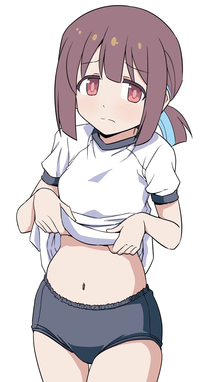 1girl absurdres black_buruma blue_hair brown_eyes brown_hair buruma closed_mouth clothes_lift commentary_request gym_shirt gym_uniform highres hozuki_momiji lifting_own_clothes looking_at_viewer multicolored_hair navel onii-chan_wa_oshimai! ponzu_rui shirt shirt_lift short_sleeves simple_background solo standing stomach thighs two-tone_hair white_background