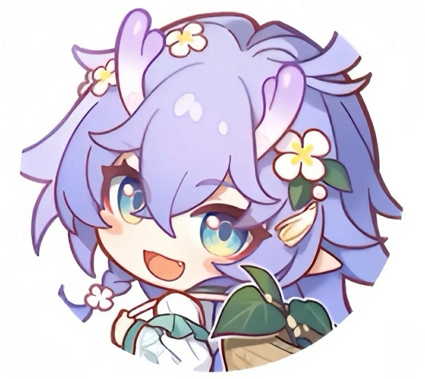 1girl :d bailu_(honkai:_star_rail) blue_eyes braid chibi eastern_dragon_horns fang flower hair_between_eyes hair_flower hair_ornament honkai:_star_rail honkai_(series) long_hair long_sleeves looking_at_viewer looking_back open_mouth pointy_ears purple_hair si60363511 simple_background smile solo white_background white_flower