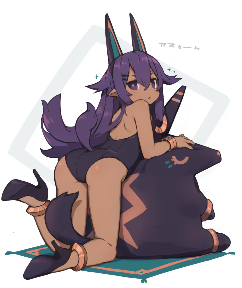 1girl absurdres animal_ears ass black_footwear black_one-piece_swimsuit bracelet dark-skinned_female dark_skin hair_ornament hairclip high_heels highres jewelry looking_at_viewer one-piece_swimsuit original parted_lips pointy_ears purple_eyes purple_hair solo swimsuit tail zizi_niisan