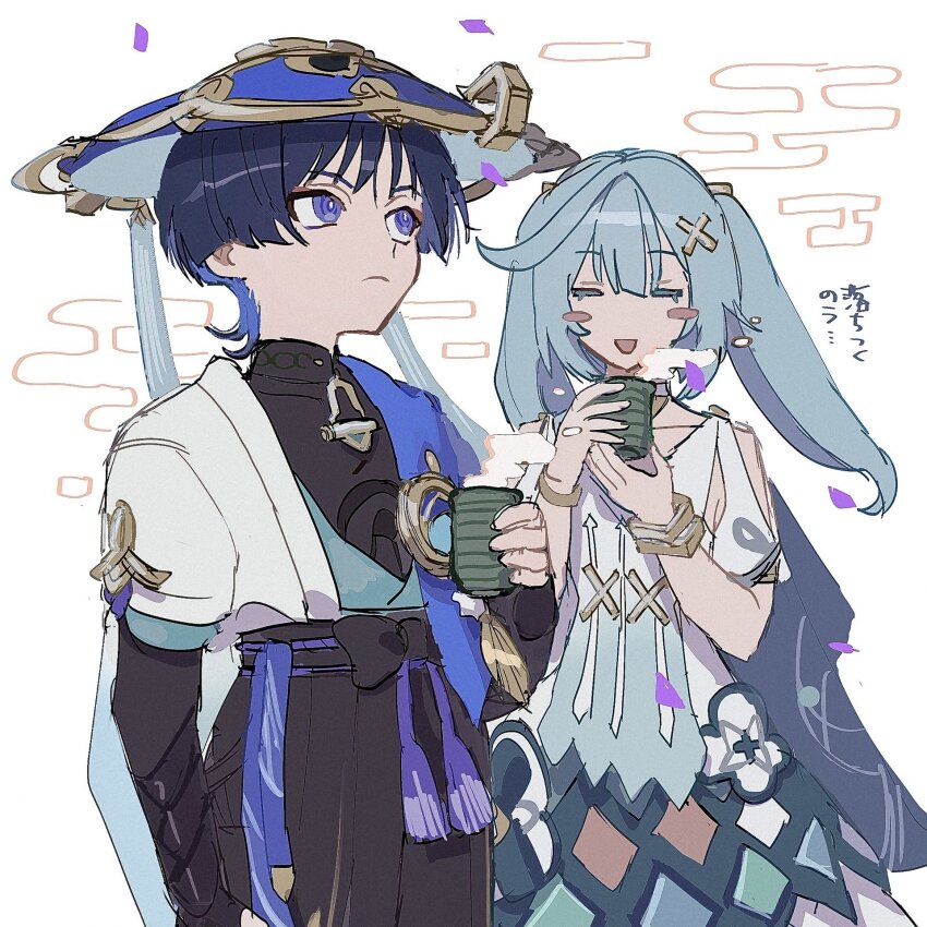 1boy 1girl aqua_hair armor armpit_cutout belt black_bodysuit black_bow black_shorts blue_cape blue_hair blue_hat blunt_bangs blunt_ends blush_stickers bodysuit bow bracelet cape clothing_cutout cloud collarbone cowlick cross_hair_ornament cup dress expressionless eyeliner eyeshadow faruzan_(genshin_impact) feathers genshin_impact gold hair_between_eyes hair_ornament hakama hakama_shorts happy hat highres holding holding_cup japanese_armor japanese_clothes jewelry jingasa kimono kote kurokote long_hair makeup mandarin_collar neck_ring open_clothes open_kimono open_mouth pom_pom_(clothes) purple_belt purple_eyes purple_rope red_eyeliner red_eyeshadow rope scaramouche_(genshin_impact) short_sleeves shorts shoulder_cutout sidelocks skirt_cutout steam tassel tokodenashi twintails vision_(genshin_impact) wanderer_(genshin_impact) white_background white_dress white_kimono white_sleeves bracelet x_hair_ornament yunomi