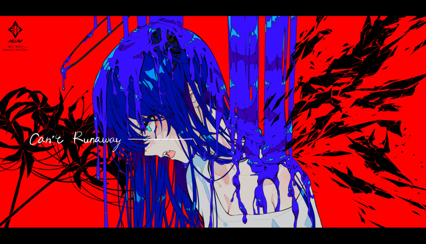 1girl a0lp arknights artist_logo black_halo blue_eyes blue_hair breasts cleavage collarbone commentary english_commentary from_side halo highres letterboxed logo long_hair looking_down mostima_(arknights) open_mouth paint portrait profile red_background simple_background solo surreal teeth twitter_username upper_teeth_only