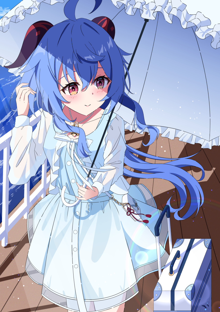 1girl absurdres ahoge blue_hair closed_mouth commentary_request cowboy_shot dress from_above ganyu_(animate)_(genshin_impact) ganyu_(genshin_impact) genshin_impact goat_horns hair_between_eyes hand_up highres holding holding_umbrella horns jewelry long_hair long_sleeves necklace official_alternate_costume outdoors parasol railing red_eyes rolling_suitcase sankaku_(maruchann32) smile solo suitcase umbrella white_dress white_umbrella