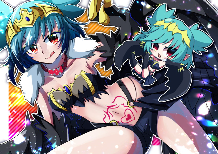 1girl black_feathers black_wings blue_hair breasts chibi claws commentary_request commission feathers harpy highres indie_virtual_youtuber licking_lips lincoro monster_girl navel open_mouth otowaika pointy_ears red_eyes short_hair short_twintails skeb_commission small_breasts solo stomach_tattoo tattoo tiara tongue tongue_out twintails virtual_youtuber winged_arms wings