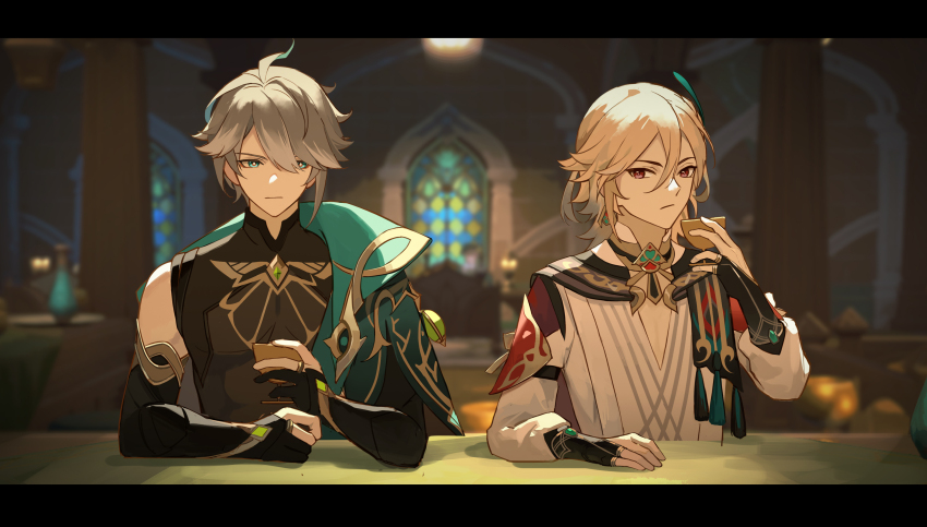 2boys absurdres alhaitham_(genshin_impact) averting_eyes blurry blurry_background cup drinking game_screenshot_background genshin_impact hair_between_eyes hair_over_one_eye hamilundenongdizhe highres holding holding_cup kaveh_(genshin_impact) letterboxed light_frown male_focus multiple_boys portrait screenshot_background side-by-side