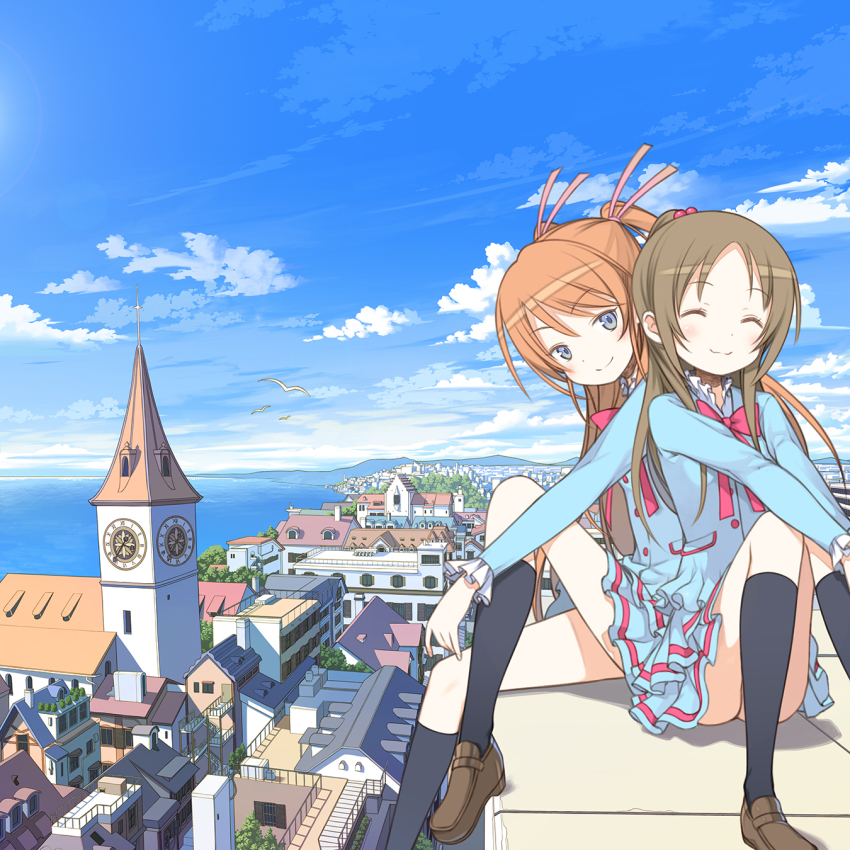 10s 2girls ^_^ bird blue_eyes blush brown_hair cityscape closed_eyes cloud day closed_eyes hair_bobbles hair_ornament highres houjou_hibiki long_hair md5_mismatch minamino_kanade multiple_girls orange_hair precure school_uniform sitting skirt smile socks suite_precure two_side_up yuguru