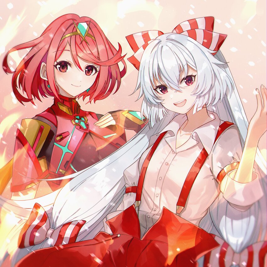 2girls absurdres bow buttons closed_mouth commission crossover eyelashes fingerless_gloves fingernails fujiwara_no_mokou gloves hair_between_eyes hair_bow highres long_hair looking_at_viewer multiple_girls multiple_hair_bows pants power_connection pyra_(xenoblade) red_eyes red_hair red_pants shirt short_hair smile striped_bow suspenders touhou very_long_hair white_hair white_shirt xenoblade_chronicles_(series) xenoblade_chronicles_2 yasaikakiage