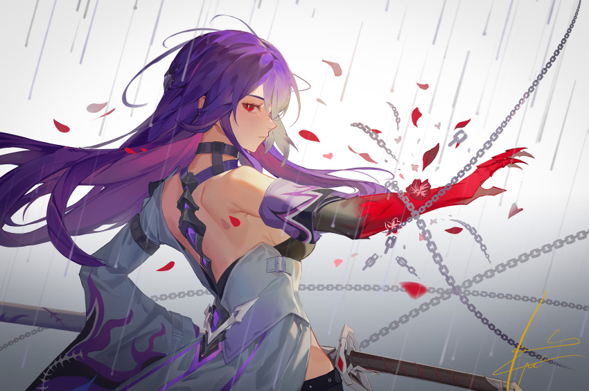 1girl absurdres acheron_(honkai:_star_rail) backless_coat backless_outfit bare_back black_choker chain choker coat commentary genki_(obsession) highres honkai:_star_rail honkai_(series) katana long_hair midriff petals purple_hair rain red_eyes scabbard sheath sheathed solo sword upper_body weapon white_coat