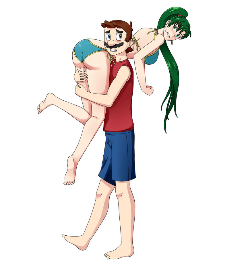 1boy 1girl ass ass_grab bikini blue_eyes blush breasts brown_hair carrying_over_shoulder earrings embarrassed facial_hair fire_emblem fire_emblem:_the_blazing_blade green_hair highres jewelry leg_grab legs long_hair looking_at_another lyn_(fire_emblem) mario mario_(series) mustache nervous nintendo over_shoulder ponytail shorts strawberrykiwikat swimsuit