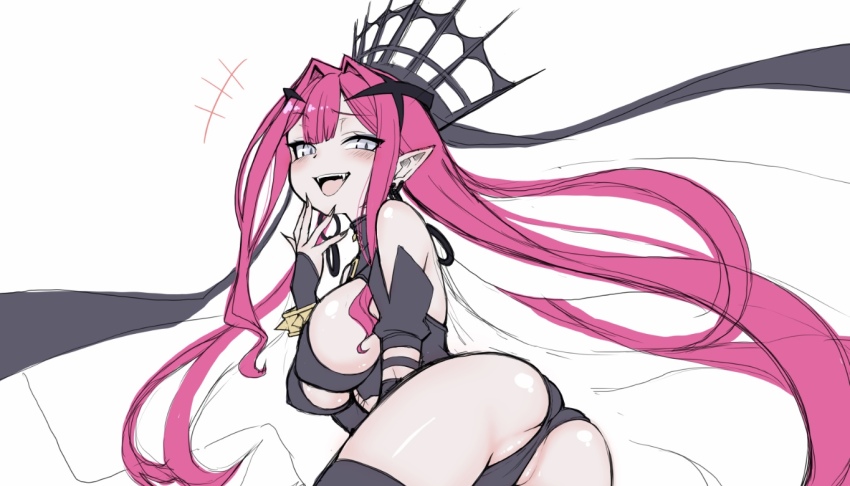 1girl ass baobhan_sith_(fate) baobhan_sith_(second_ascension)_(fate) bare_shoulders black_panties blush bracelet breasts covered_erect_nipples detached_sleeves earrings fangs fate/grand_order fate_(series) fingernails grey_eyes half-closed_eyes hand_up hoop_earrings jewelry large_breasts laughing long_hair looking_at_viewer lying on_side open_mouth panties pink_hair pointy_ears revealing_clothes senbei_(avocadochaya) sharp_fingernails sideboob sidelocks solo spiked_bracelet spikes tiara tongue underwear white_background