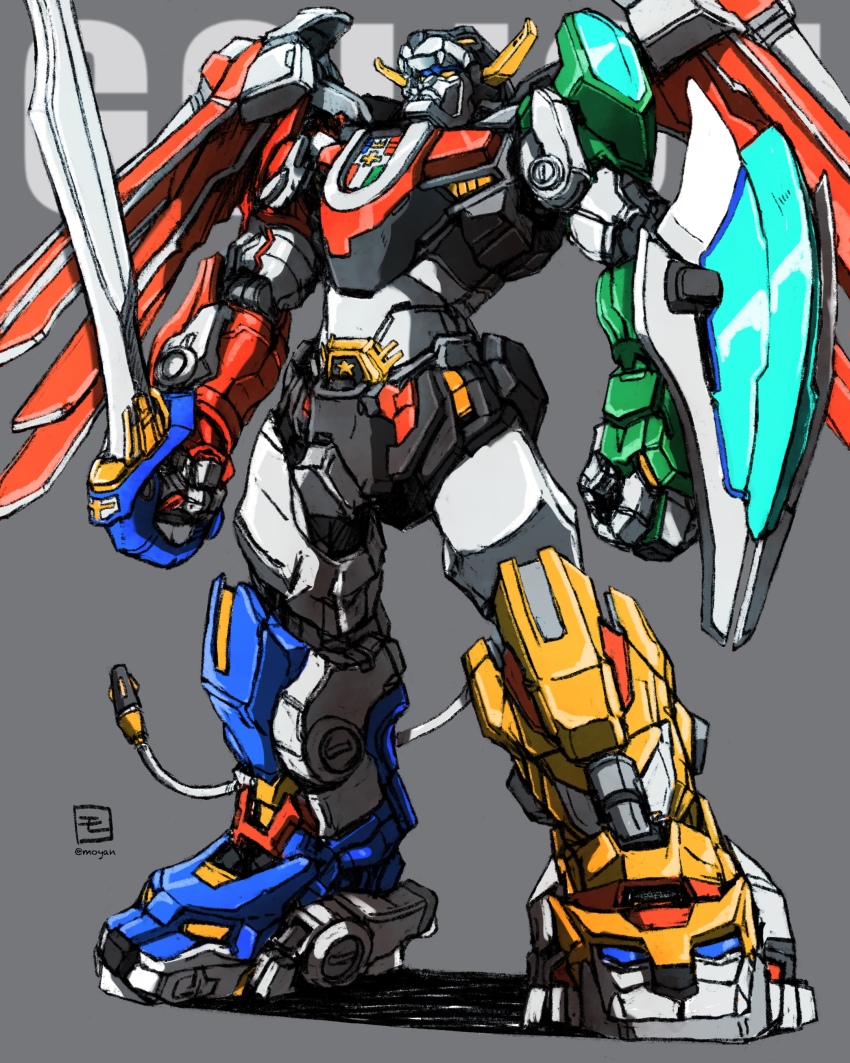 absurdres golion_(mecha) highres holding holding_sword holding_weapon hyakujuu-ou_golion jaws lion mecha mechanical_wings moyan no_humans redesign robot science_fiction super_robot sword tail voltron:_legendary_defender voltron_(mecha) voltron_(series) weapon wings