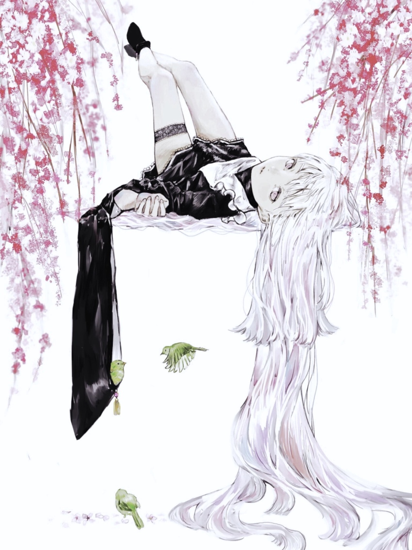 1girl bird black_footwear bridal_garter commentary_request flower flower_request highres long_hair looking_at_viewer lying on_back original red_flower shirone_(coxo_ii) solo white_background white_eyes white_hair